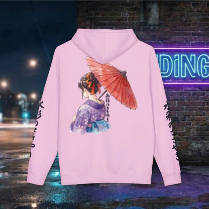 Minimalist silhouette of a traditional Japanese kimono girl with a red umbrella on a clean, professional streetwear sweatshirt